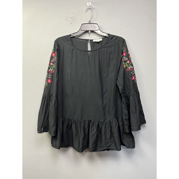 BeachLunchLounge Peasant Blouse Top Women's Medium tunic Black‎ Embroidered - Picture 1 of 7